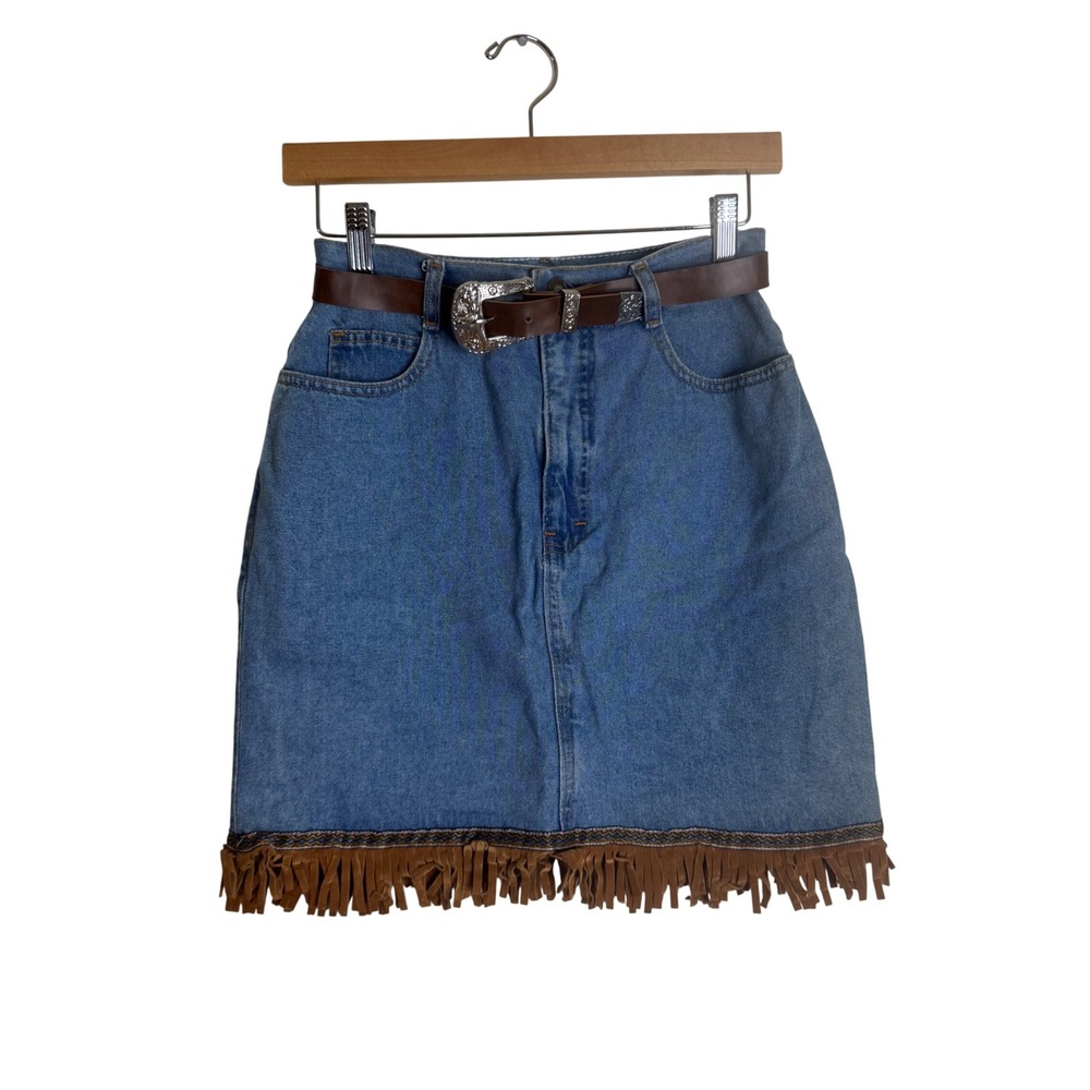 Maximum Energy Denim Skirt Women's Western Fringe Belted Blue size 7 rodeoze 7